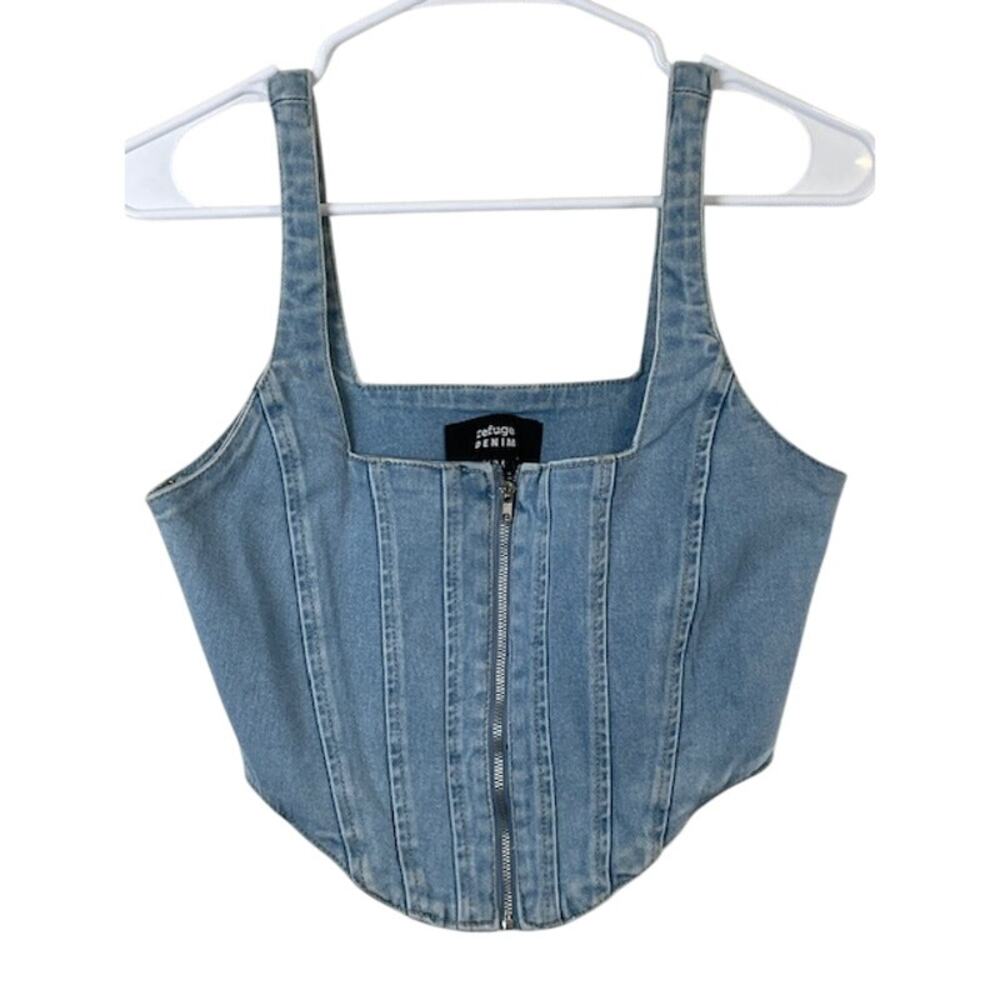 Refuge Denim-Light Wash Corset Crop Top-Front Seaming Zipper Closure